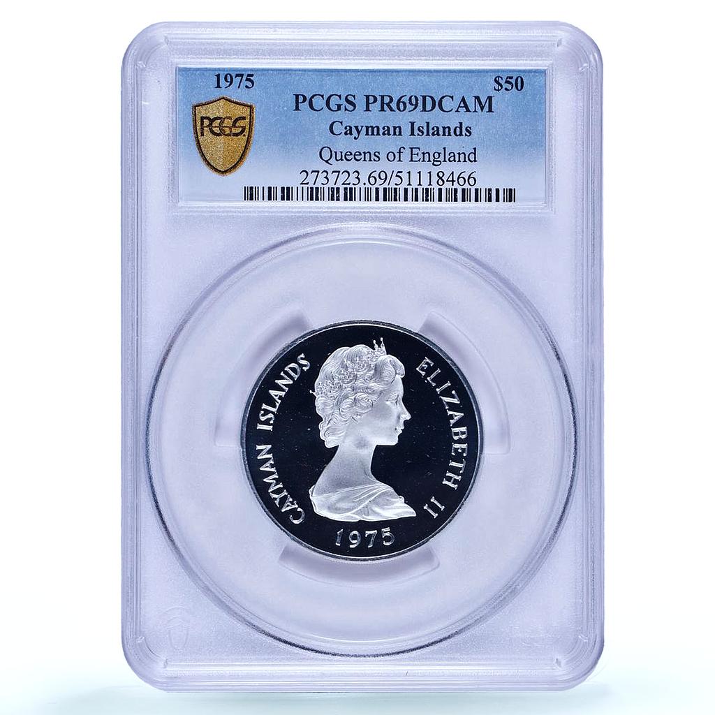 Cayman Islands 50 dollars Queens of England History PR69 PCGS silver coin 1975