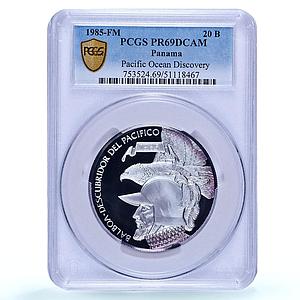 Panama 20 balboas Pacific Ocean Discovery History PR69 PCGS silver coin 1985