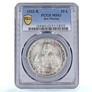 San Marino 20 lire Republic Coinage KM-11 MS63 PCGS silver coin 1932
