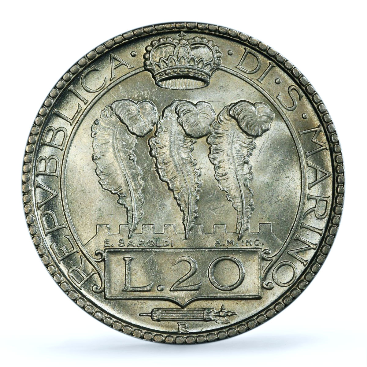 San Marino 20 lire Republic Coinage KM-11 MS63 PCGS silver coin 1932