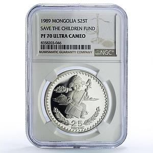 Mongolia 25 togrog UNICEF Save Children Child Year PF70 NGC silver coin 1989