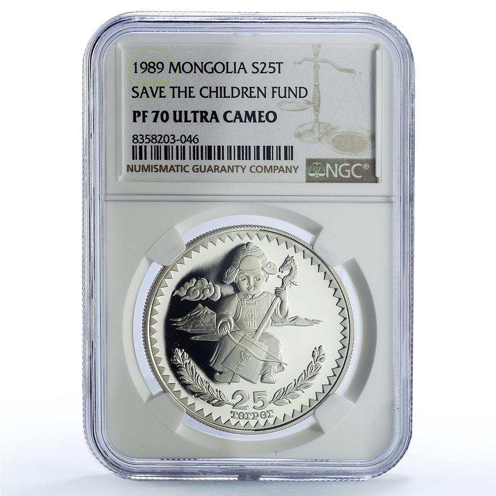 Mongolia 25 togrog UNICEF Save Children Child Year PF70 NGC silver coin 1989