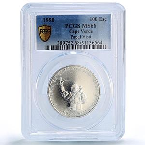 Cape Verde 100 escudos Papal Visit Pope John Paul II MS68 PCGS silver coin 1990