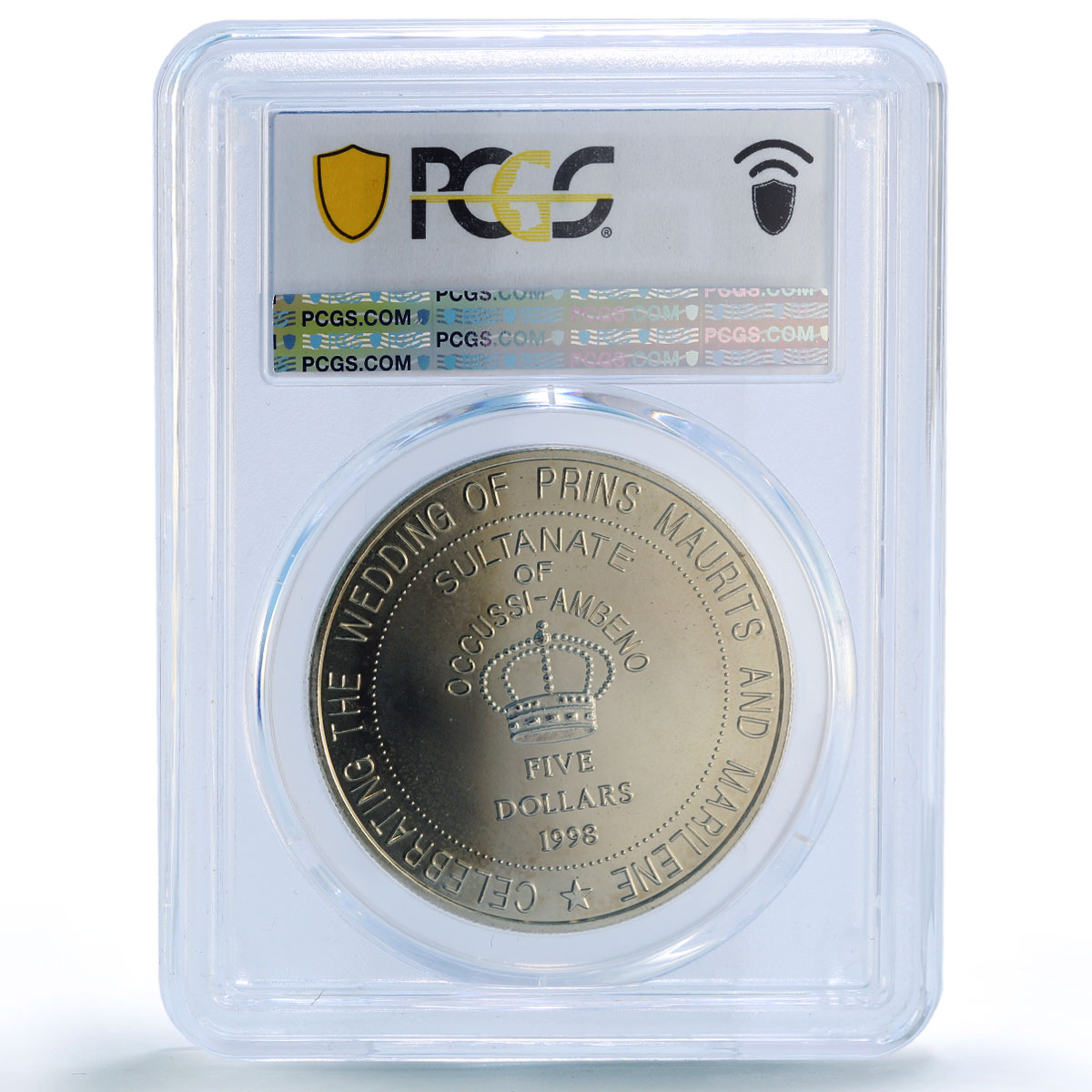 Occussi-Ambeno 5 dollars Maurits Marilene Wedding MS67 PCGS silver coin 1998