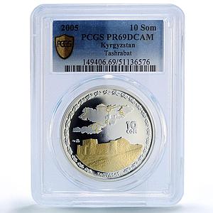 Kyrgyzstan 10 som Tashrabat Fortress Silk Road Gilt PR69 PCGS silver coin 2005