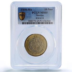 Mexico 10 pesos Republic Coinage Aztec Sun Stone MS65 PCGS bimetal coin 1998