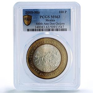 Mexico 100 pesos Don Quijote Cervantes Literature MS63 PCGS bimetal coin 2005