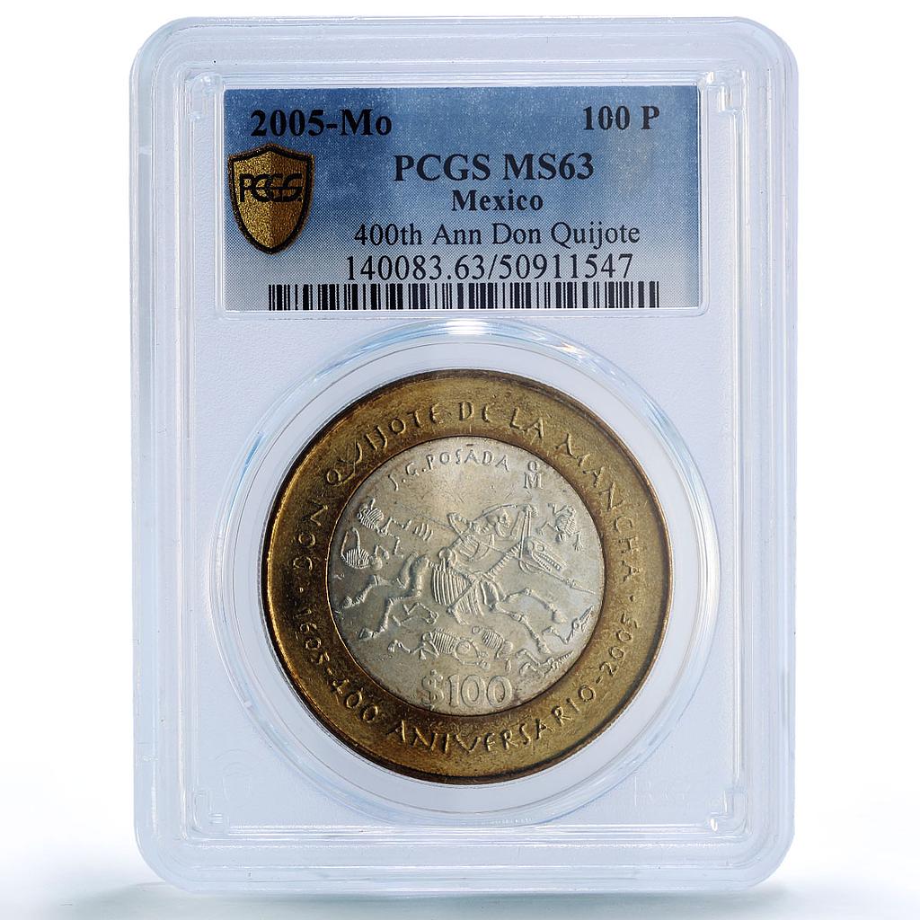 Mexico 100 pesos Don Quijote Cervantes Literature MS63 PCGS bimetal coin 2005