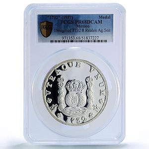Mexico Pillar Dollar 8 Reales Desing 1732 PR68 PCGS 5 oz silver medal 1987