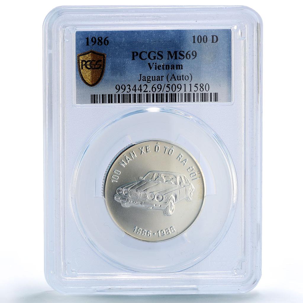 Vietnam 100 dong Jaguar Auto Cars Automobiles MS69 PCGS silver coin 1986