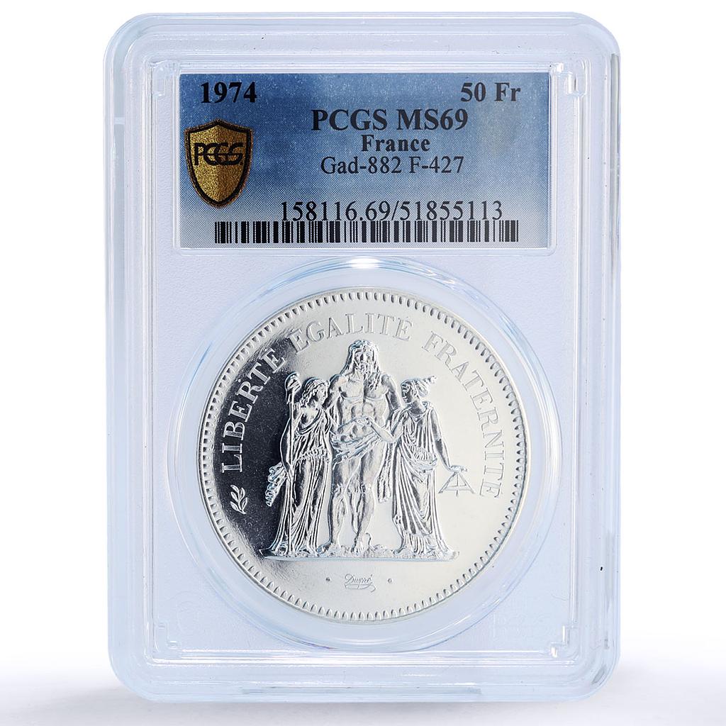 France 50 francs Hercules Liberty Equality Fraternity MS69 PCGS silver coin 1974