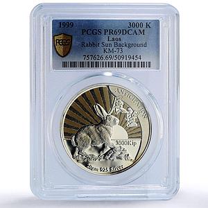 Laos 3000 kip Anticipation Rabbit Year Lunar Calendar PR69 PCGS silver coin 1999