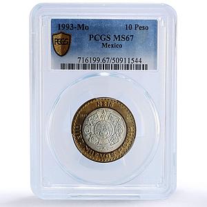 Mexico 10 pesos Republic Coinage Aztec Sun Stone MS67 PCGS bimetal coin 1993