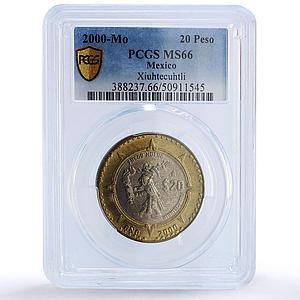 Mexico 20 pesos Xiuhtecuhtli Aztec Millennium MS66 PCGS bimetal coin 2000