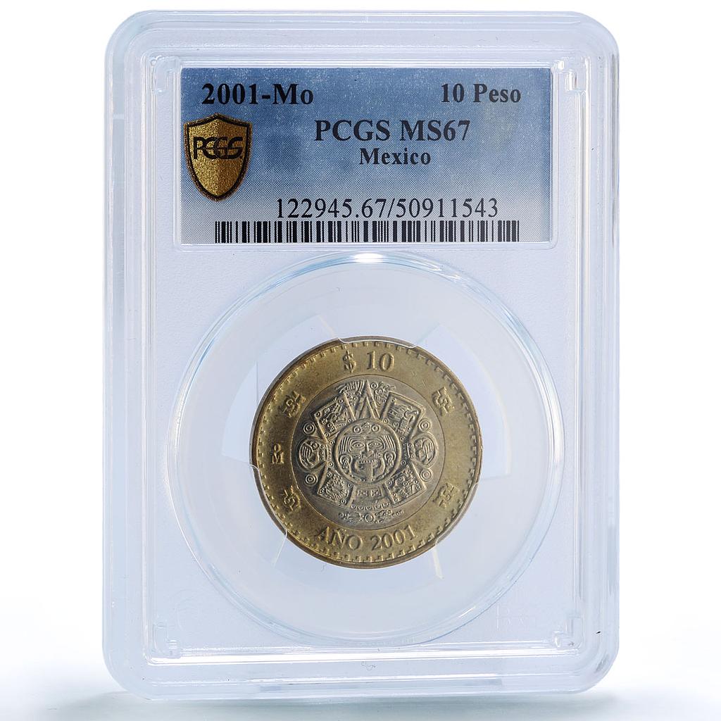 Mexico 10 pesos Turn Millennium Aztec Sun Stone MS67 PCGS bimetal coin 2001
