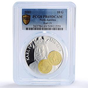 Netherlands Antilles 10 gulden Carolus Karl IV Gilt PR69 PCGS silver coin 2001