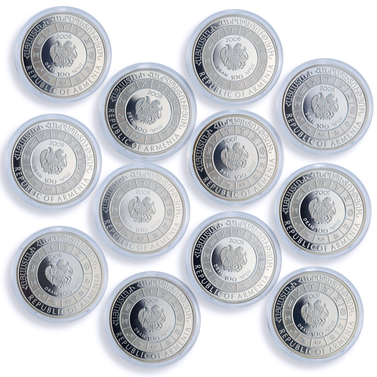 Armenia 100 dram 12 Set Zodiac Signs Star-shaped Inserts silver coins 2007 2008
