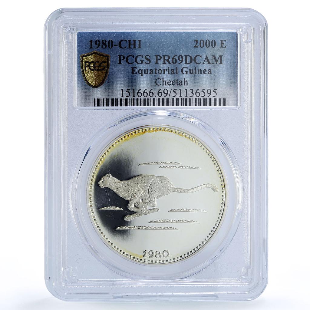Equatorial Guinea 2000 ekuele Cheetah Wildlife Fauna PR69 PCGS silver coin 1980