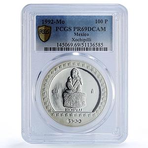 Mexico 100 pesos Xochipilli Statue Precolombina Aztec PR69 PCGS silver coin 1992