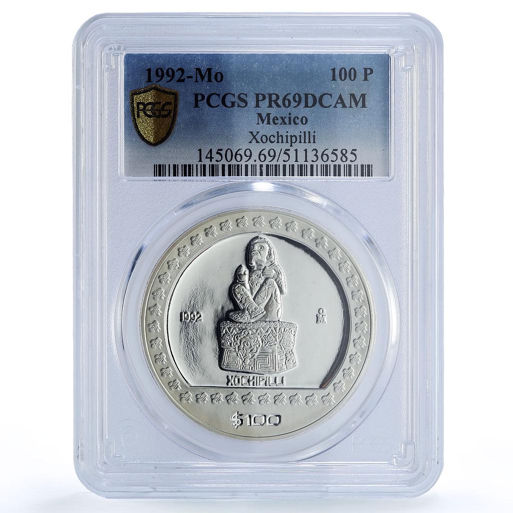 Mexico 100 pesos Xochipilli Statue Precolombina Aztec PR69 PCGS silver coin 1992