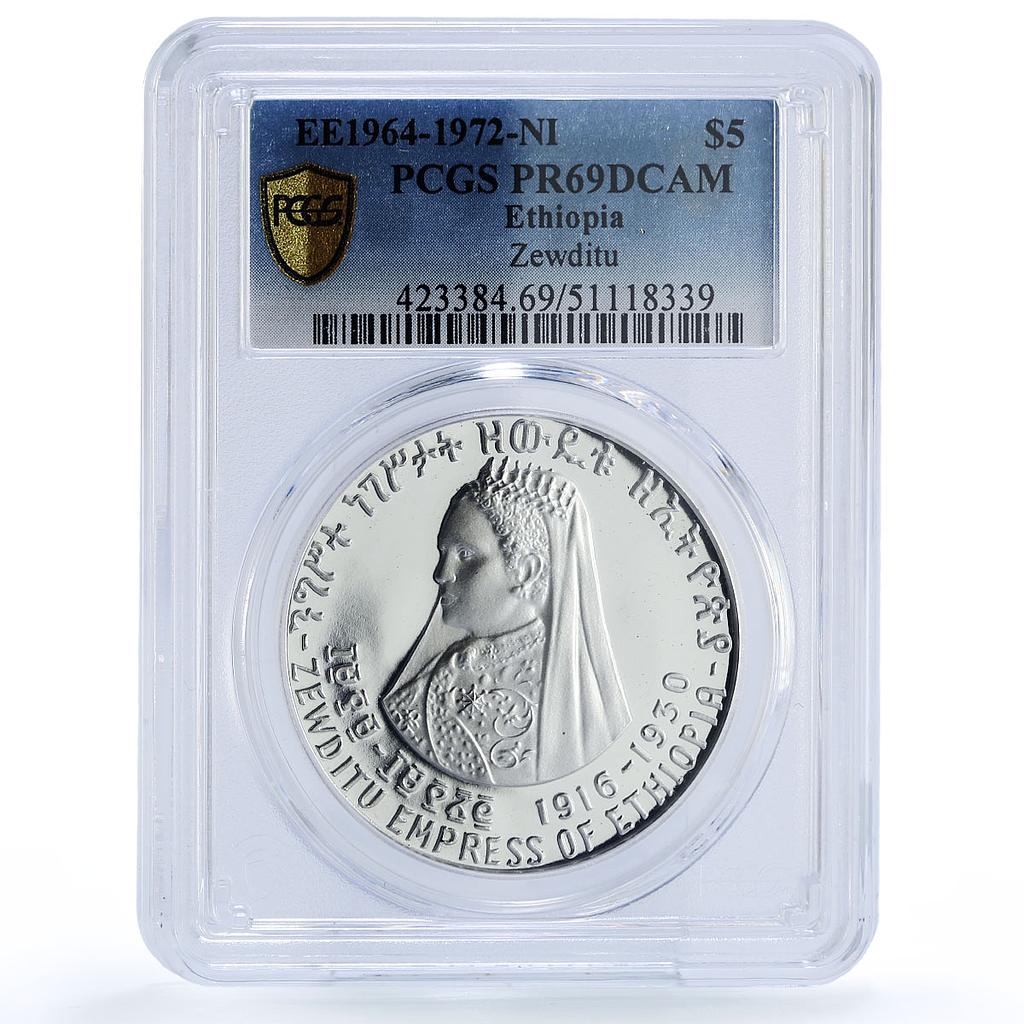 Ethiopia 5 dollars Princess Zewditu Zauditu History PR69 PCGS silver coin 1972
