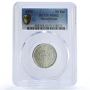 Mozambique 10 escudos Portugal Coinage KM-79 MS62 PCGS silver coin 1955