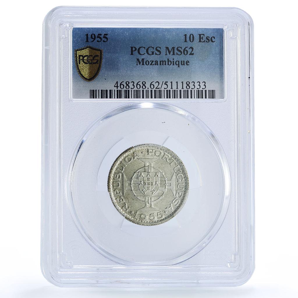Mozambique 10 escudos Portugal Coinage KM-79 MS62 PCGS silver coin 1955