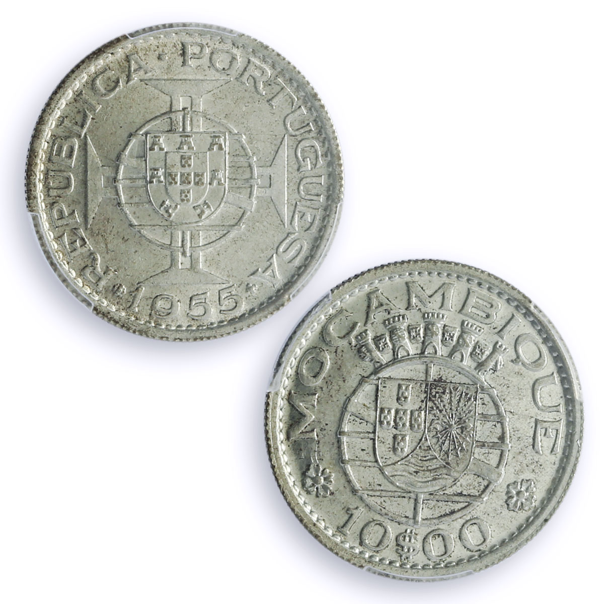 Mozambique 10 escudos Portugal Coinage KM-79 MS62 PCGS silver coin 1955