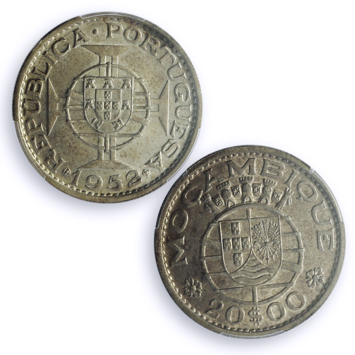 Mozambique 20 escudos Portugal Coinage KM-80 MS62 PCGS silver coin 1955