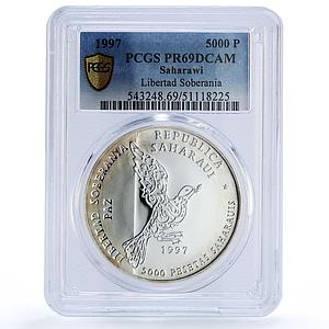 Saharawi 5000 pesetas Freedom Sovereignty Peace Dove Bird PR69 PCGS Ag coin 1997
