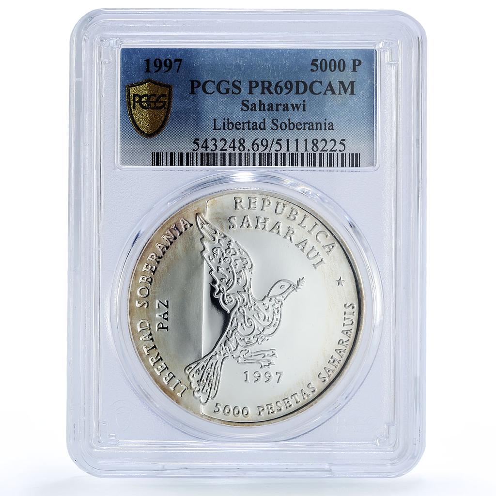 Saharawi 5000 pesetas Freedom Sovereignty Peace Dove Bird PR69 PCGS Ag coin 1997