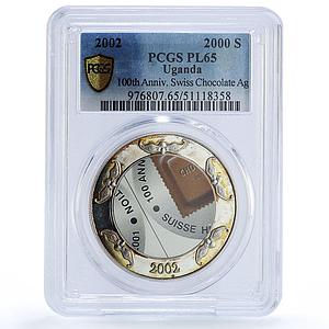 Uganda 2000 shillings Swiss Chocolate Dragons Pattern PL65 PCGS silver coin 2002