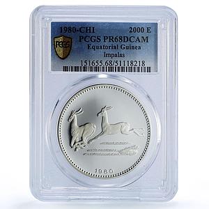 Equatorial Guinea 2000 ekuele Impalas Wildlife Fauna PR68 PCGS silver coin 1980