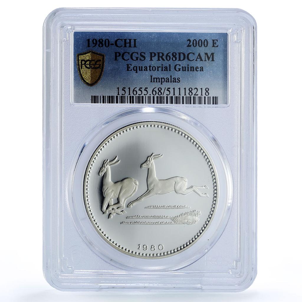 Equatorial Guinea 2000 ekuele Impalas Wildlife Fauna PR68 PCGS silver coin 1980