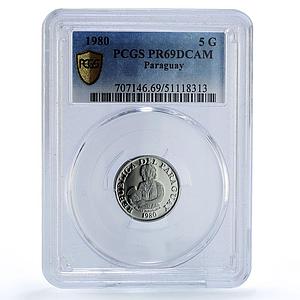 Paraguay 5 guaranies FAO World Food Day Woman Flower PR69 PCGS NiSteel coin 1980
