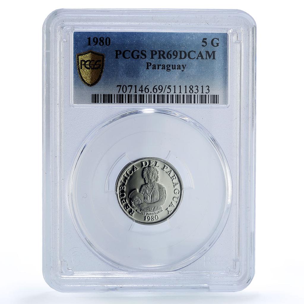 Paraguay 5 guaranies FAO World Food Day Woman Flower PR69 PCGS NiSteel coin 1980