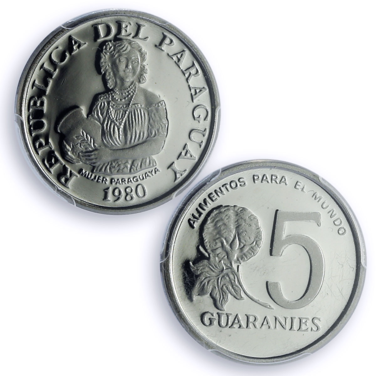 Paraguay 5 guaranies FAO World Food Day Woman Flower PR69 PCGS NiSteel coin 1980