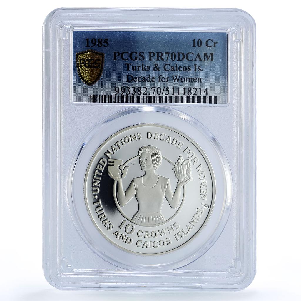 Turks and Caicos Islands 10 crowns Decade For Women PR70 PCGS silver coin 1985