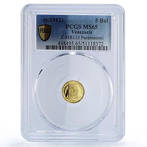 Venezuela Paramaconi 5 Bolivares Caciques Indian Chief MS65 PCGS gold medal 1962