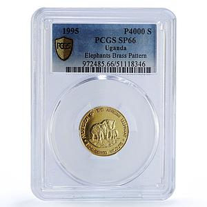 Uganda 4000 shillings Elephants Wildlife Fauna Pattern SP66 PCGS brass coin 1995