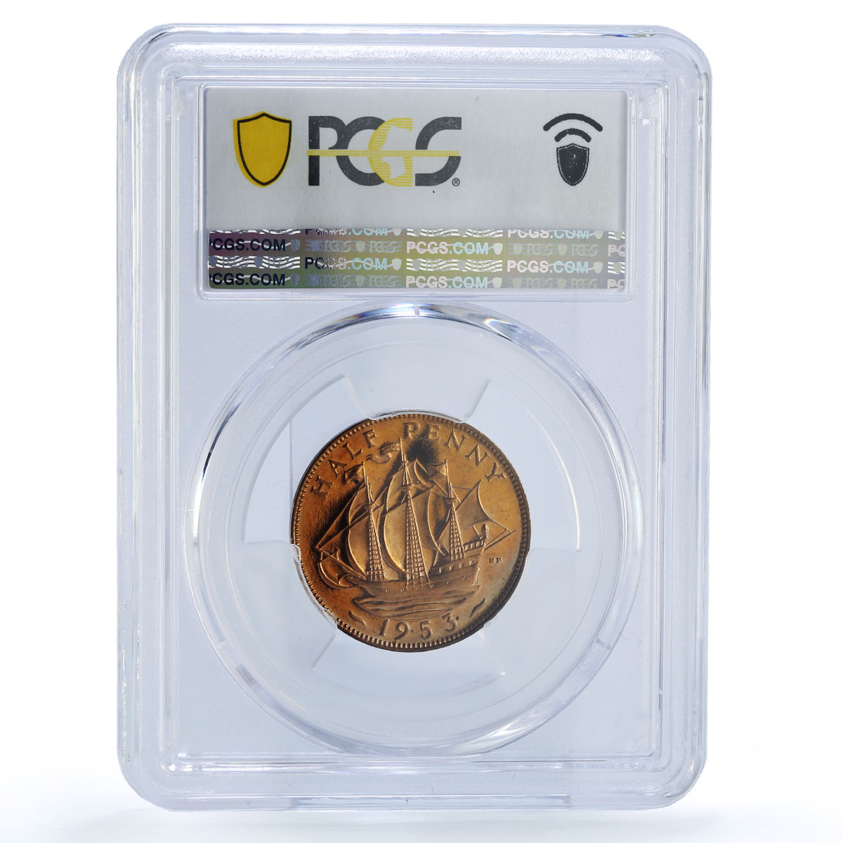 Great Britain 1/2 penny Elizabeth II Coinage Ship PR66 PCGS bronze coin 1953