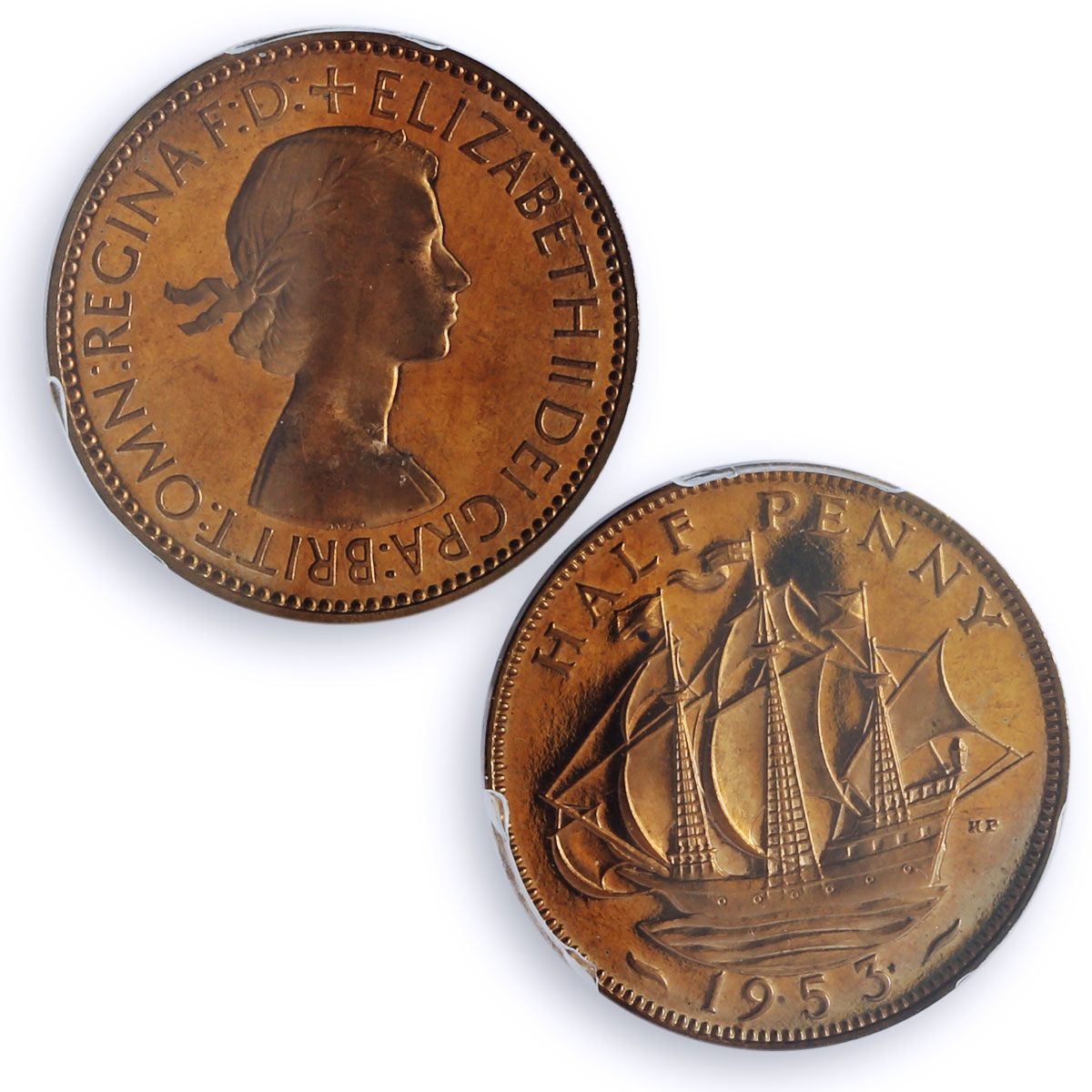 Great Britain 1/2 penny Elizabeth II Coinage Ship PR66 PCGS bronze coin 1953