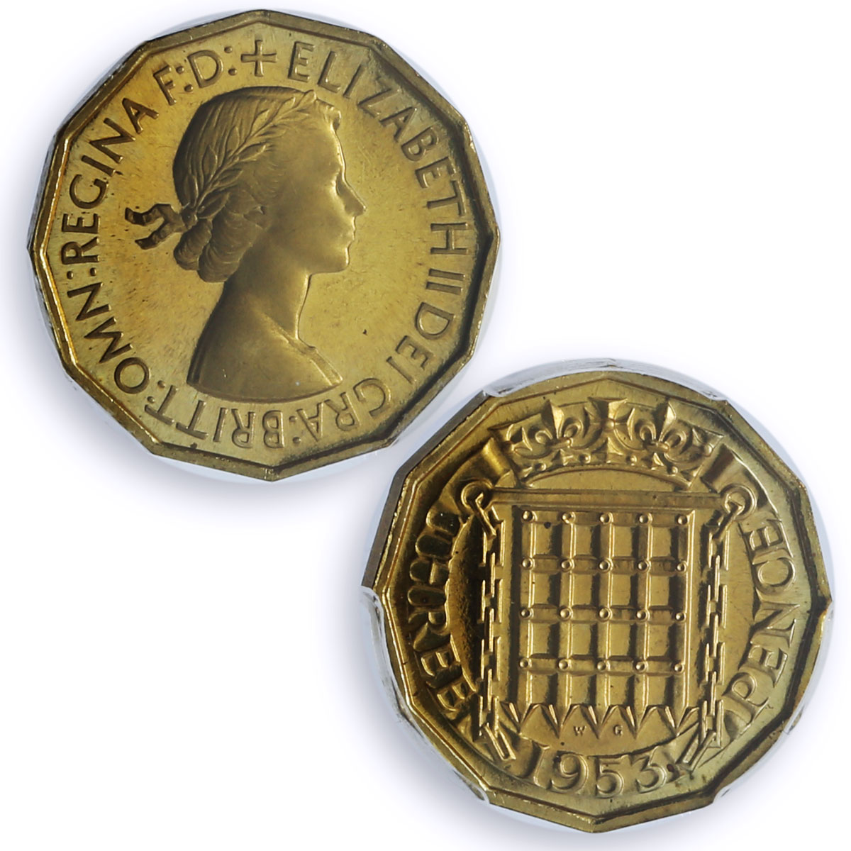 Great Britain 3 pence Elizabeth II Coinage Portcullis PR66 PCGS brass coin 1953