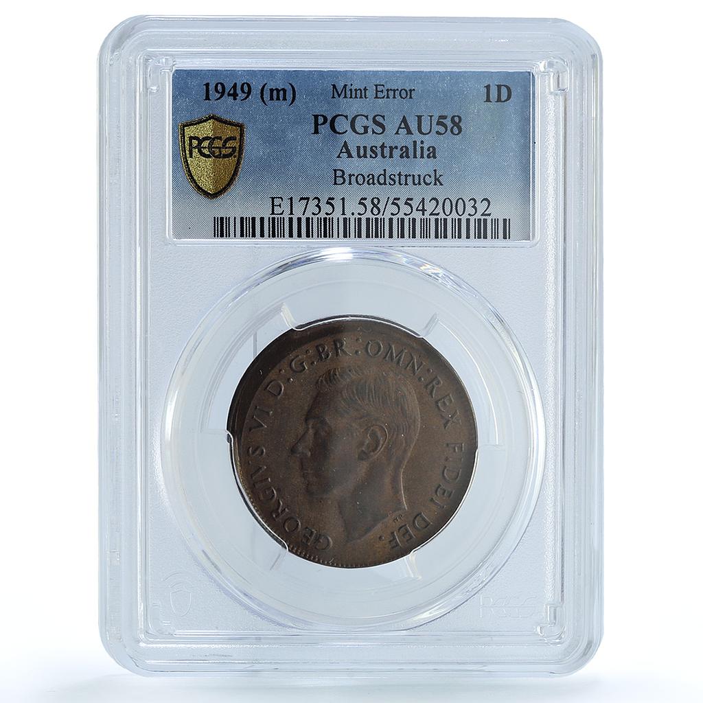 Australia 1 penny George VI Broadstruck Mint Error AU58 PCGS bronze coin 1949 Australia 1 penny George VI Broadstruck Mint Error AU58 PCGS bronze coin 1949