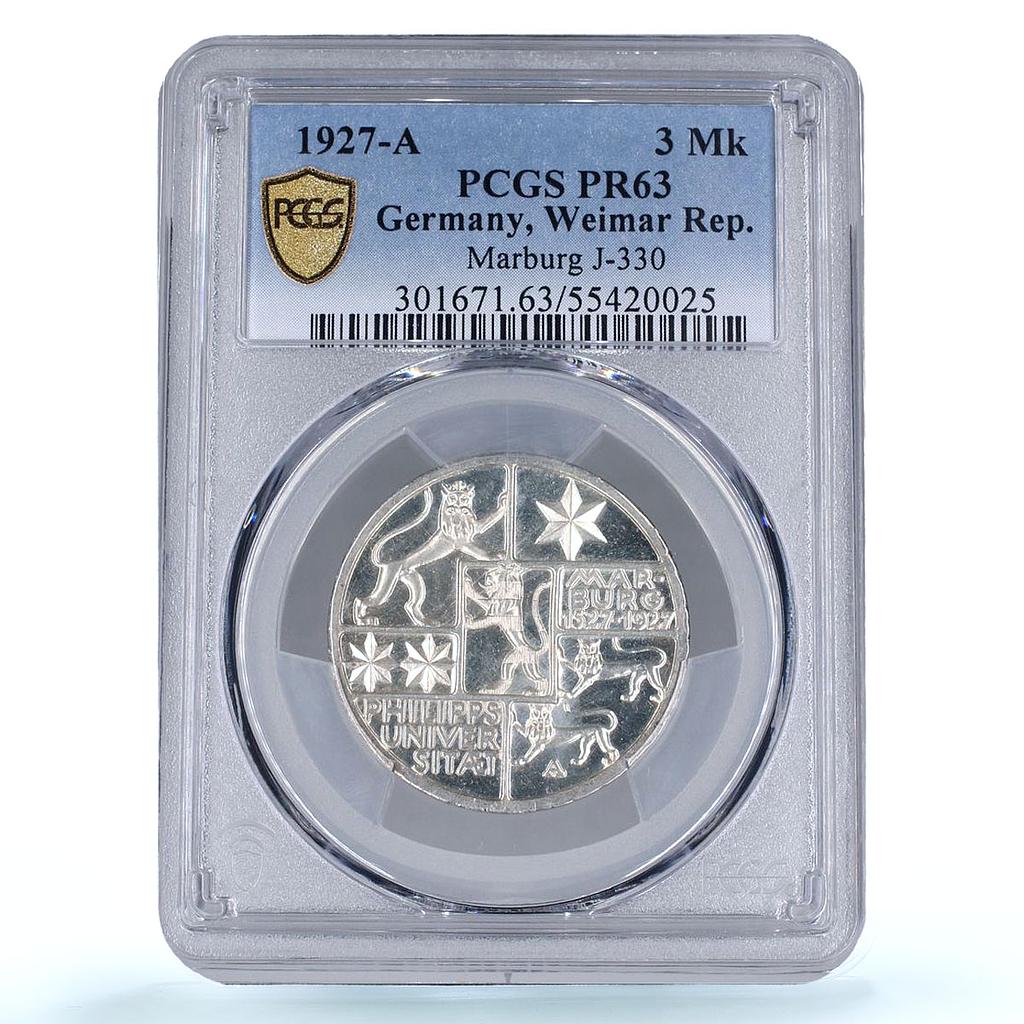 Germany Weimar 3 mark University Marburg History PR63 PCGS silver coin 1927