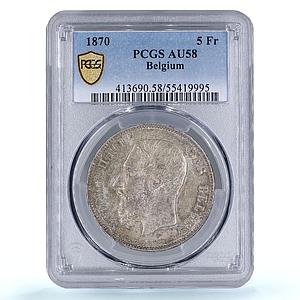Belgium 5 francs King Leopold II Coinage KM-24 AU58 PCGS silver coin 1870