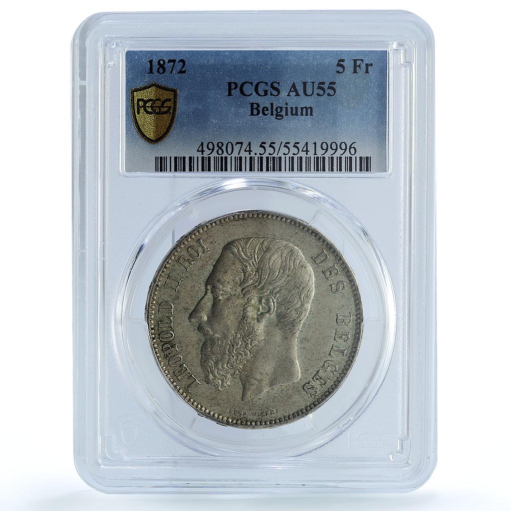 Belgium 5 francs King Leopold II Coinage KM-24 AU55 PCGS silver coin 1872