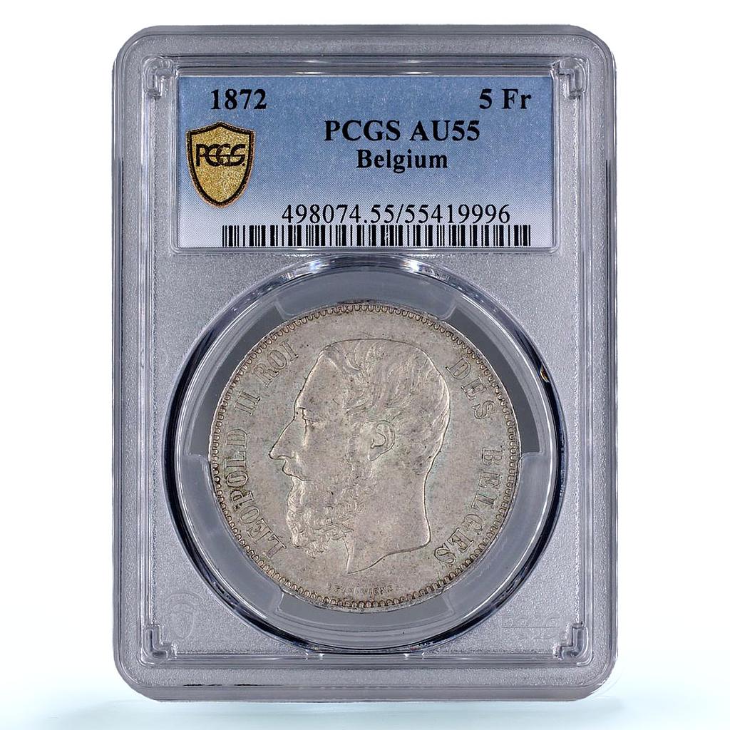 Belgium 5 francs King Leopold II Coinage KM-24 AU55 PCGS silver coin 1872