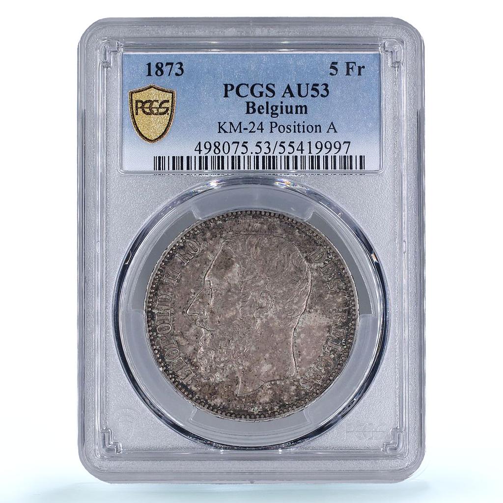 Belgium 5 francs King Leopold II Position A KM-24 AU53 PCGS silver coin 1873