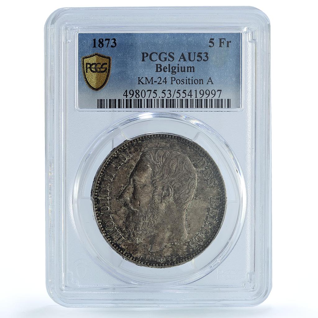 Belgium 5 francs King Leopold II Position A KM-24 AU53 PCGS silver coin 1873